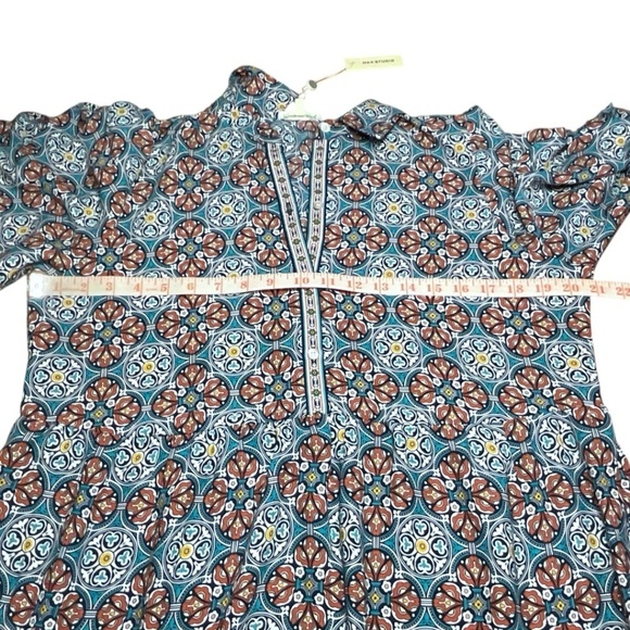 MAX STUDIO Crepe Tiered Maxi Dress Teal / Brick Print Side Pockets 3/4 Sleeves L - Picture 6 of 10